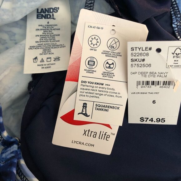 Lands End Chlorine Resistant Square Neck Underwire Tankini Swimsuit Top Blue 6 - Picture 3 of 4